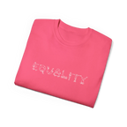 EQUALITY skater script graphic tee, Saftey Pink, purple script design, folded flat lay view