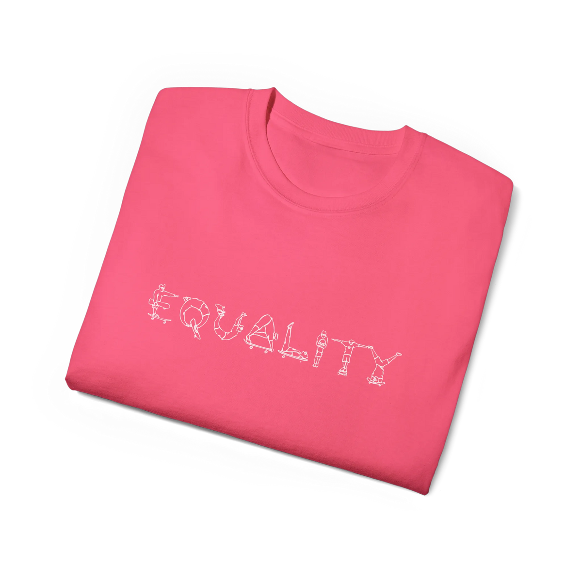 EQUALITY skater script graphic tee, Saftey Pink, purple script design, folded flat lay view
