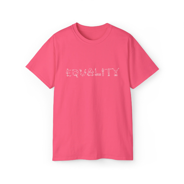 Safety Pink short-sleeve crewneck t-shirt with the word 'EQUALITY' printed across the chest in a white, textured, pixelated font, front.