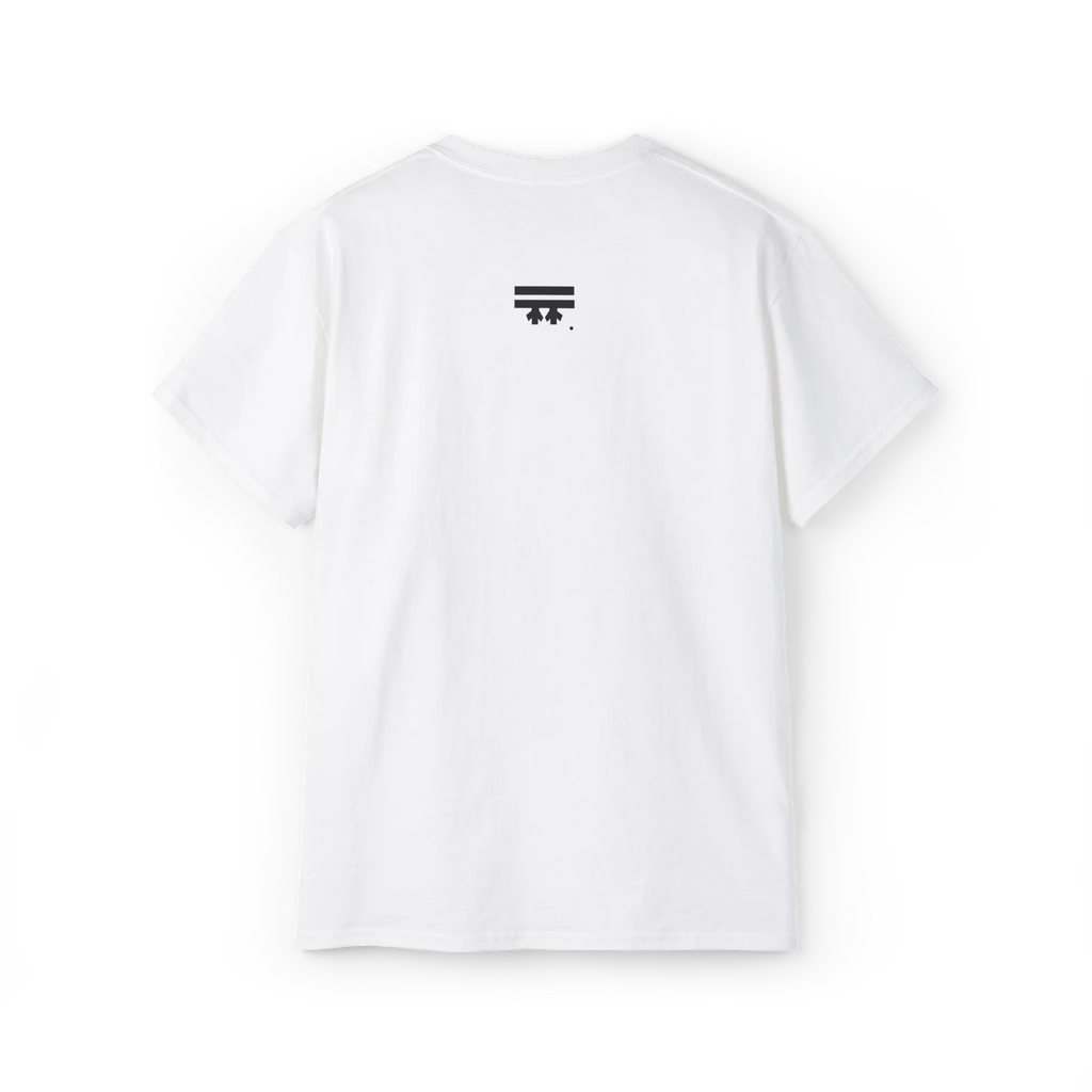 EQUALITY skater script graphic tee, white, black FREEBRD logo top center, back view.