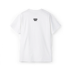 EQUALITY skater script graphic tee, white, black FREEBRD logo top center, back view.
