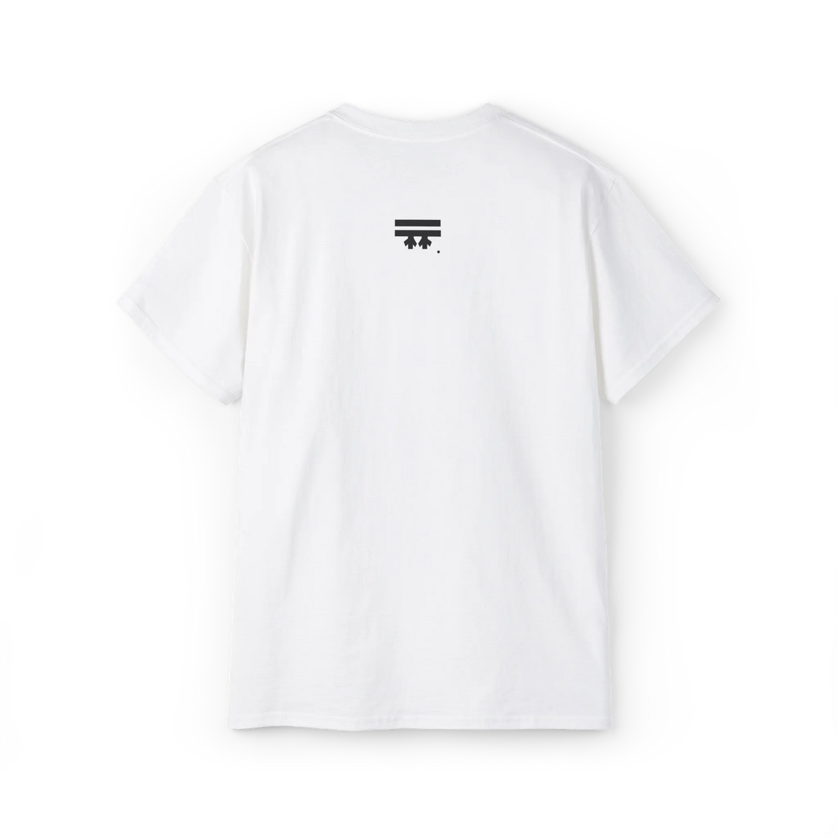 EQUALITY skater script graphic tee, white, black FREEBRD logo top center, back view.