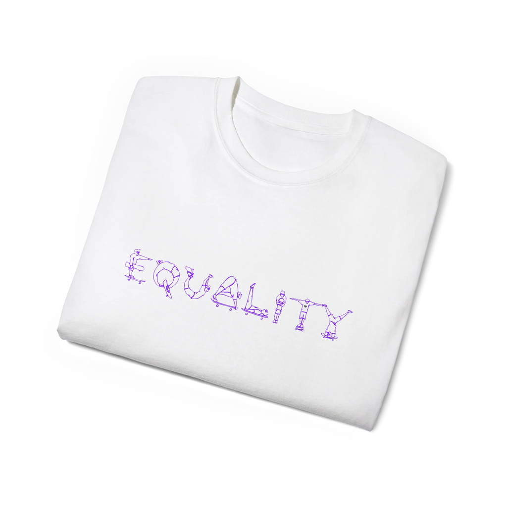 EQUALITY skater script graphic tee, white, purple script design, folded flat lay view