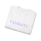 EQUALITY skater script graphic tee, white, purple script design, folded flat lay view