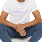EQUALITY skater script graphic tee, white, front view on person, seated relaxed pose.