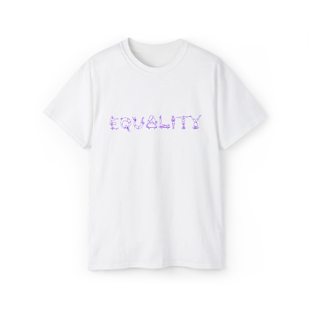 EQUALITY skater script graphic tee, white, purple script design, front view on form.