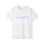 EQUALITY skater script graphic tee, white, purple script design, front view on form.