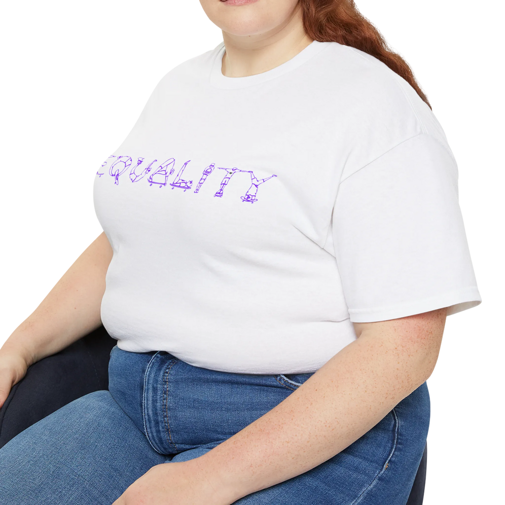 EQUALITY skater script graphic tee, white, purple script design, front view on person.