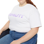 EQUALITY skater script graphic tee, white, purple script design, front view on person.