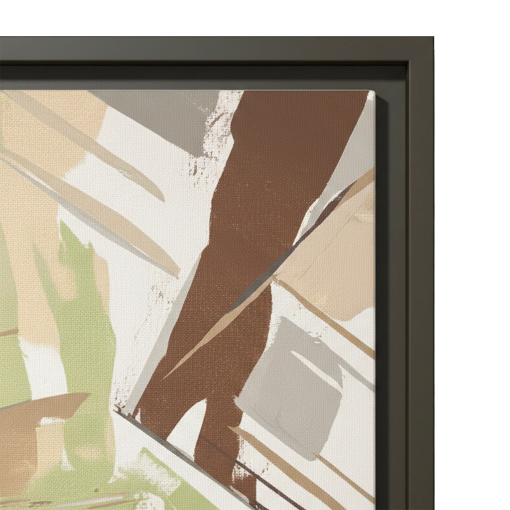 Close-up of espresso floating frame edge and sage abstract canvas print texture detail.