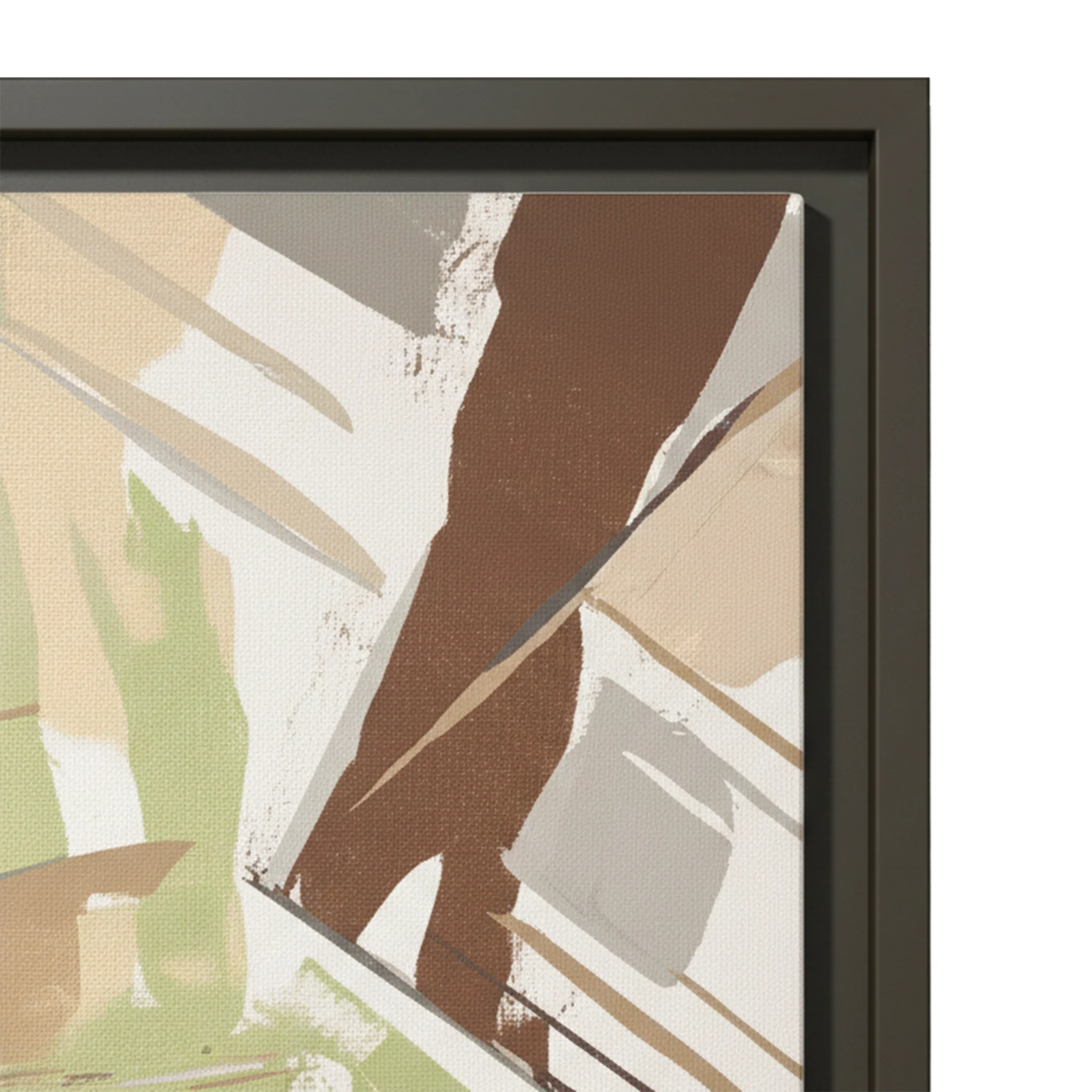Close-up of espresso floating frame edge and sage abstract canvas print texture detail.