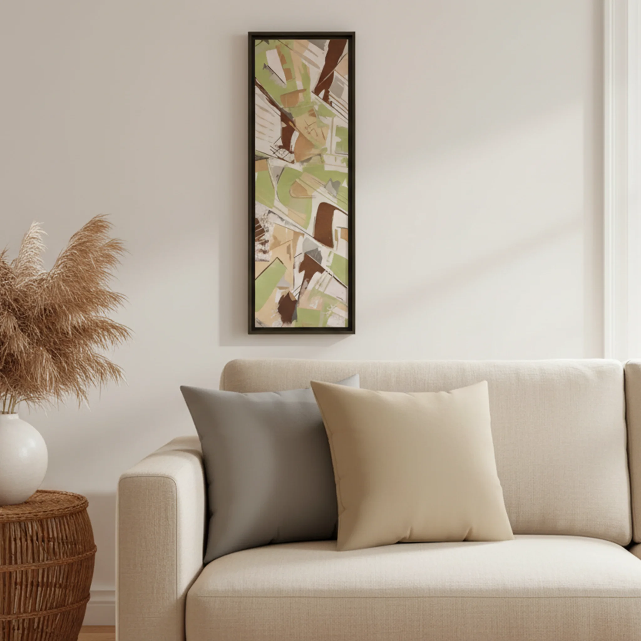 Espresso framed sage abstract canvas with stardust grey and natural jute faux suede pillows on linen sofa, pampas grass, lifestyle bundle.