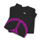 Folded black cotton tee showing part of a large hot pink peace symbol made from circular handwritten lettering.