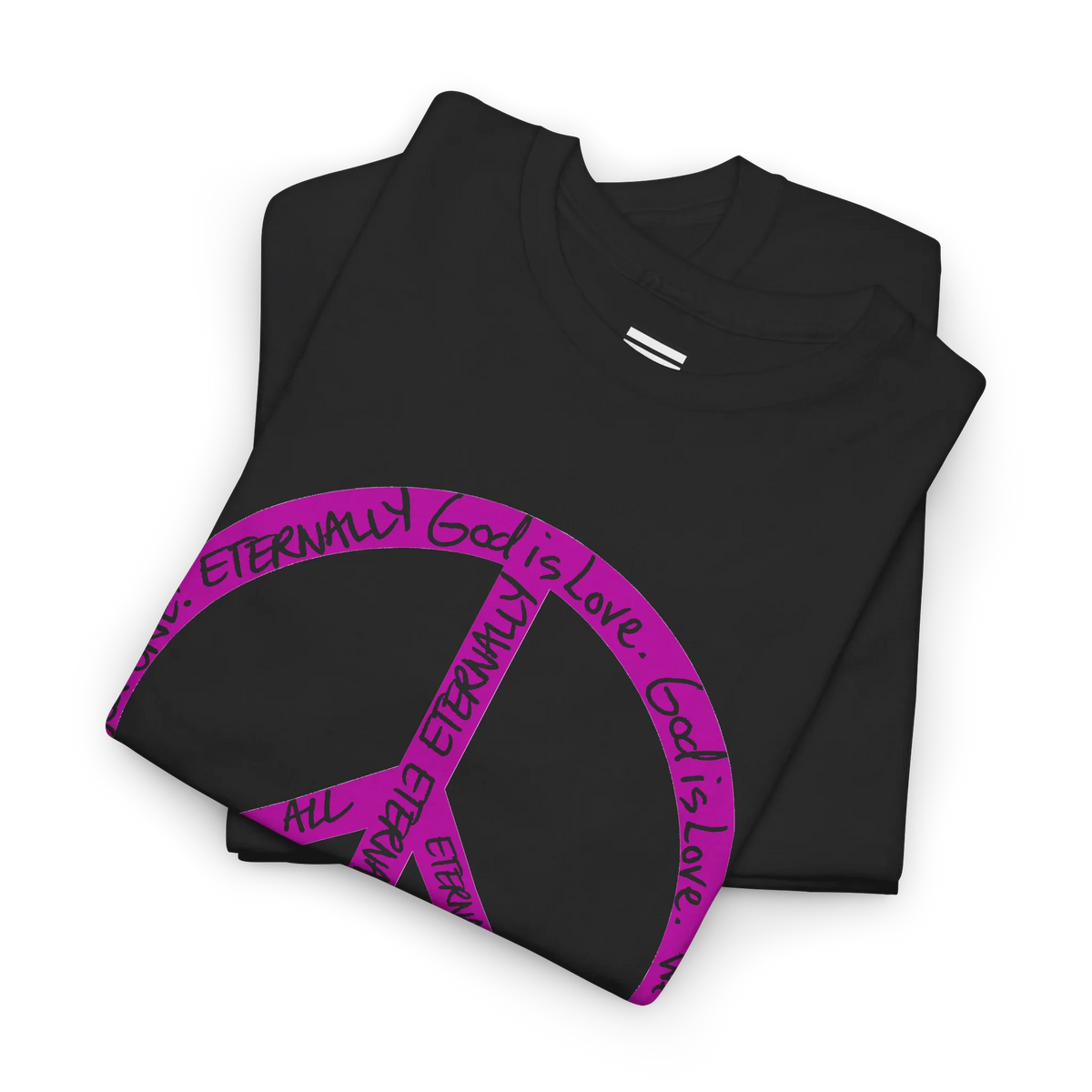 Folded black cotton tee showing part of a large hot pink peace symbol made from circular handwritten lettering.