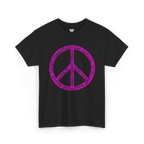 Black cotton tee with a large hot pink peace symbol made from circular handwritten lettering that reads God is love, we are greater mankind, eternally, eternally, front view.
