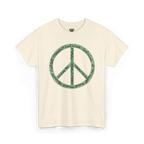 Natural cotton tee with a large sea green peace symbol made from circular handwritten lettering that reads God is love, we are greater mankind, eternally, eternally, front view.