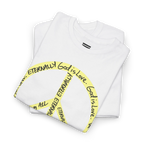 Folded white cotton tee showing part of a large yellow peace symbol made from circular handwritten lettering.