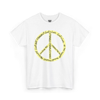 White cotton tee with a large yellow peace symbol made from circular handwritten lettering that reads God is love, we are greater mankind, eternally, eternally, front view.