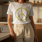 Adult woman wearing a white cotton tee with a large yellow peace symbol made from circular handwritten lettering beside a sunlit kitchen island with a coffee mug.
