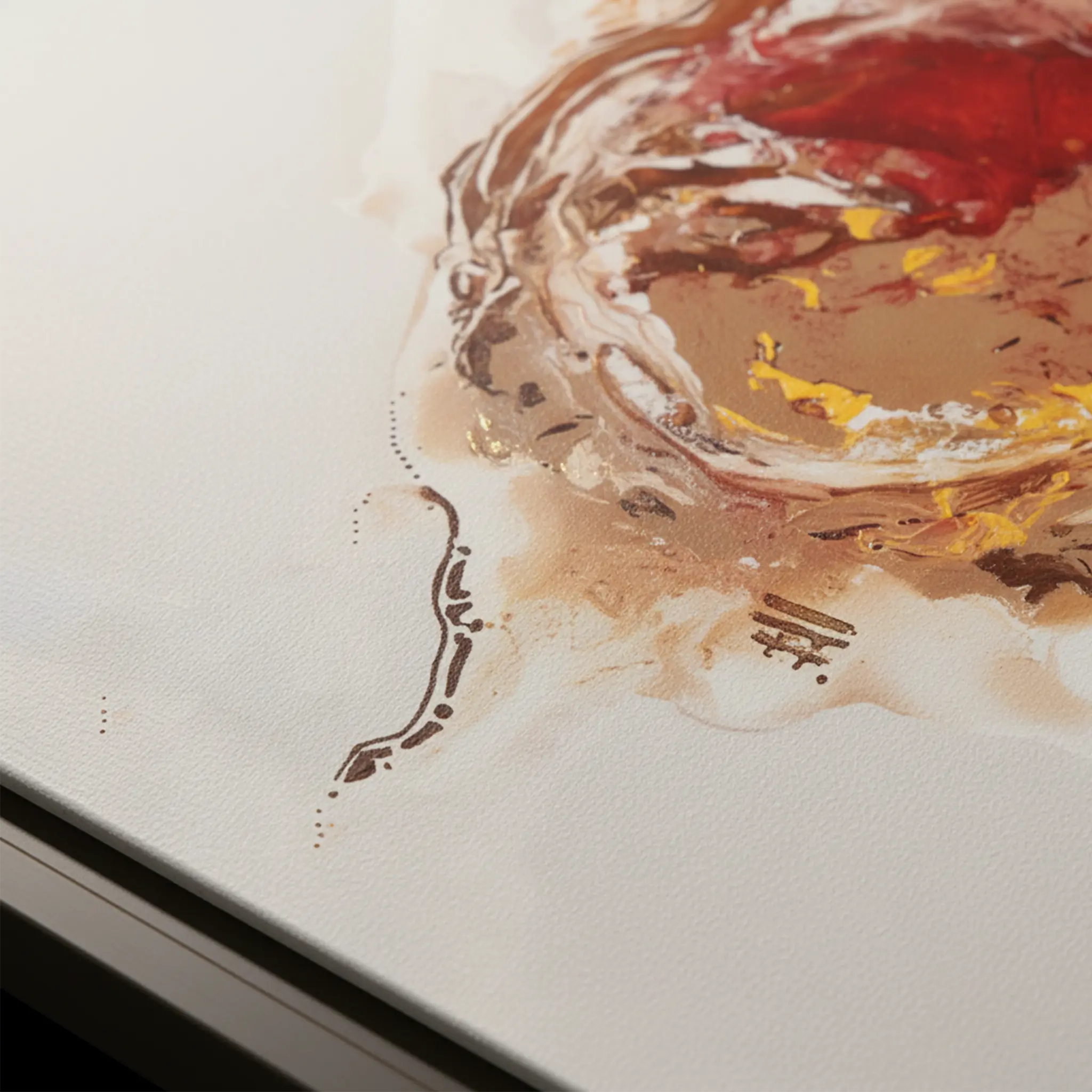 Close-up texture detail of "Face Lift" framed abstract canvas by FREEBRD — fluid pour art in caramel, red, burnt sienna and gold on premium DTF canvas with archival matte finish.