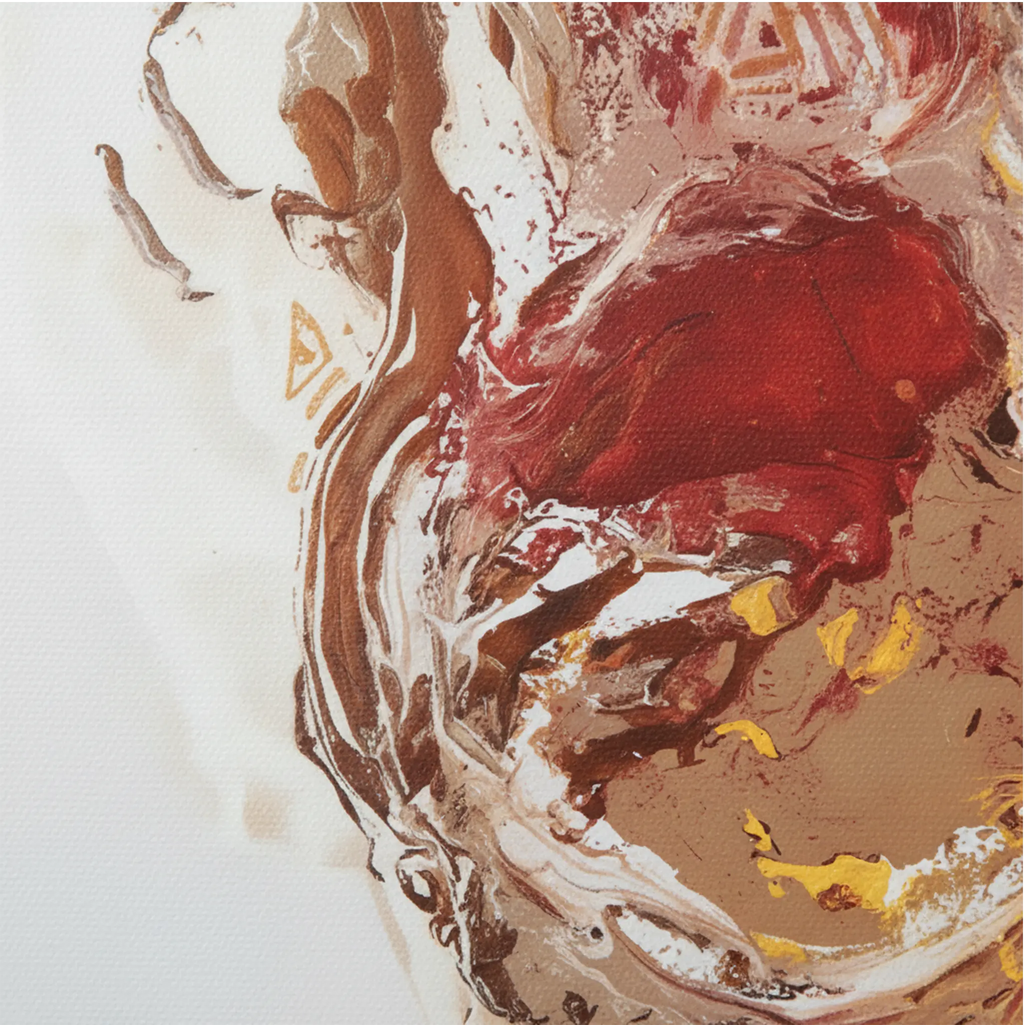 Close-up texture detail of "Face Lift" framed abstract canvas by FREEBRD — fluid pour art in ivory, red, terracotta and gold on premium DTF canvas with espresso wood frame and archival matte finish.