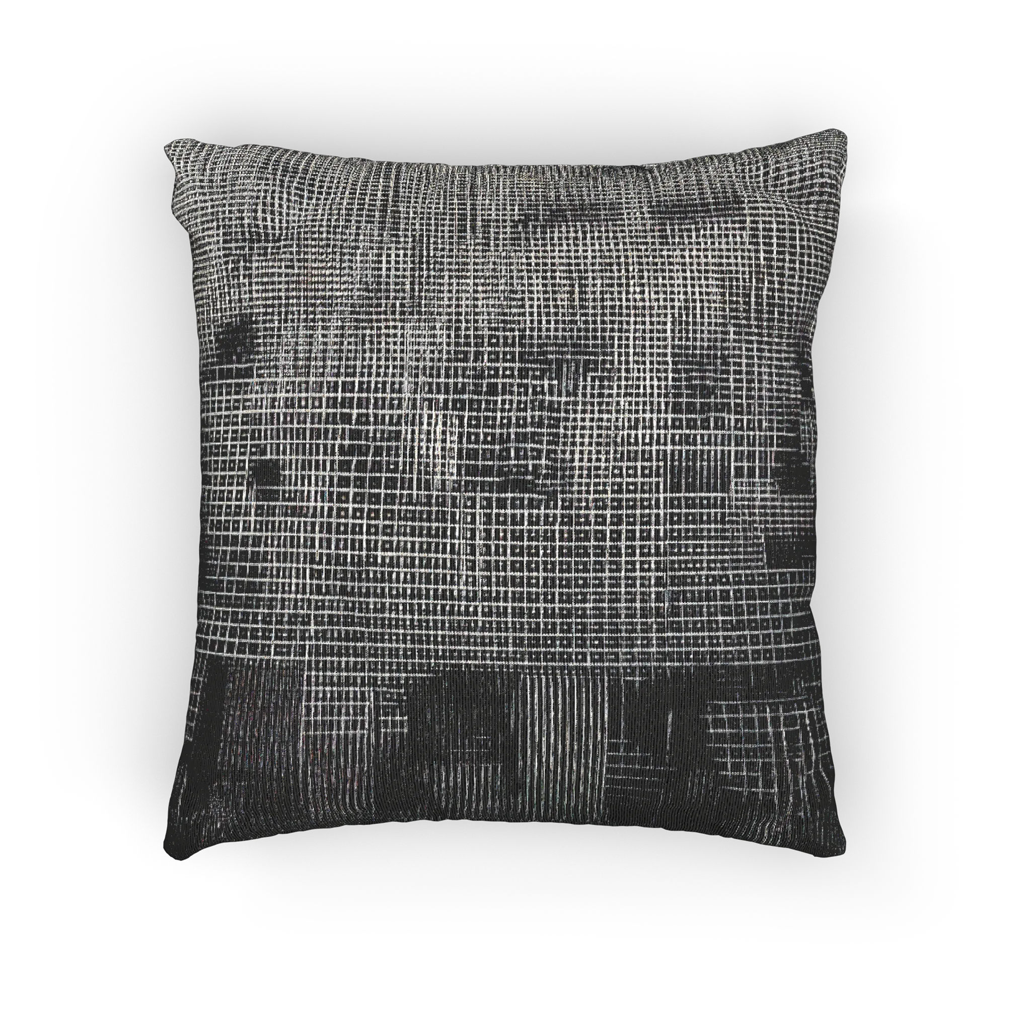 A back preview of the Faded Geometric Net Patterned Woven Pillow showing a black background and abstract black and white hash grid lines.