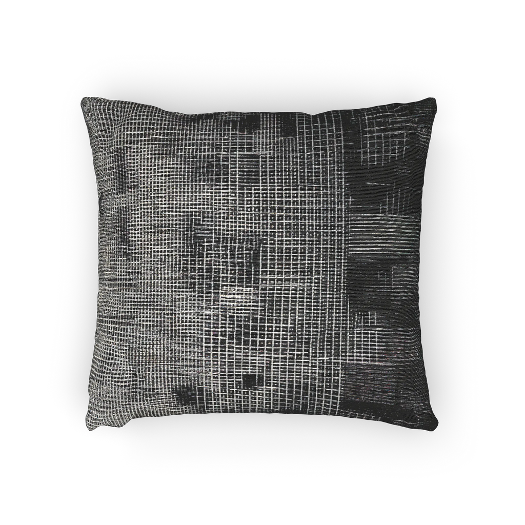 A horizontal view of the Faded Geometric Net Patterned Woven Pillow showing a black background and abstract black and white hash grid lines.