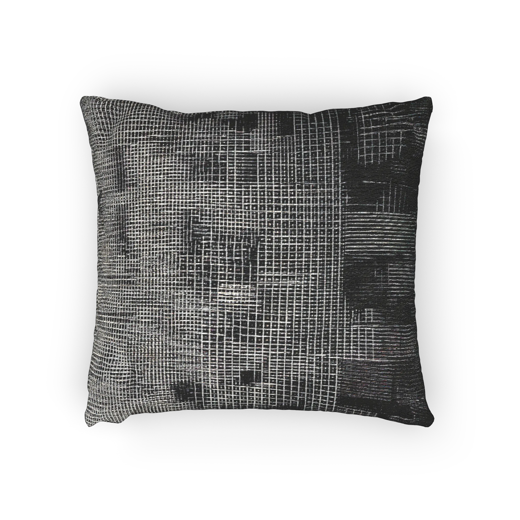 A horizontal preview of the Faded Geometric Net Patterned Woven Pillow showing a black background and abstract black and white hash grid lines.
