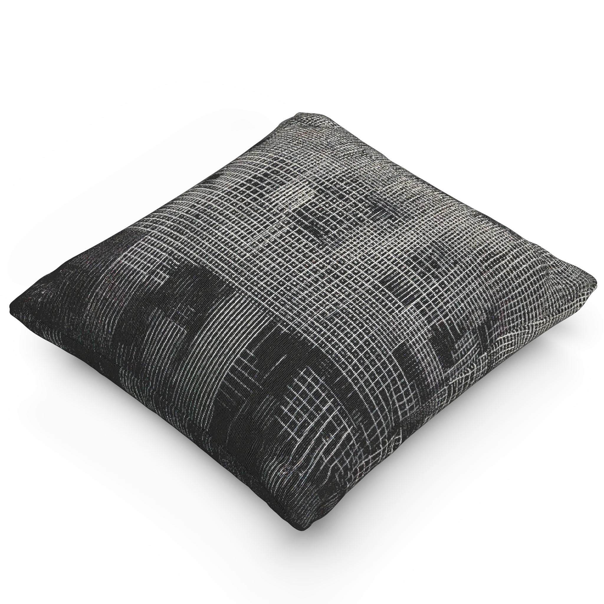 A side preview of the Faded Geometric Net Patterned Woven Pillow showing a black background and abstract black and white hash grid lines.