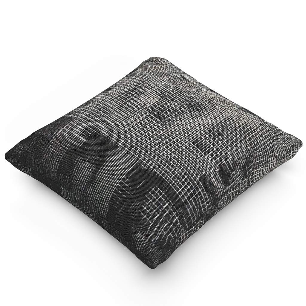 A side view of the Faded Geometric Net Patterned Woven Pillow showing a black background and abstract black and white hash grid lines.