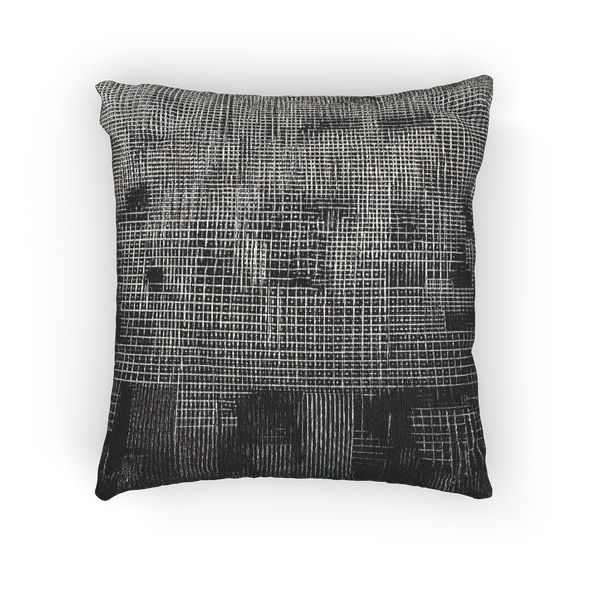 A back view of the Faded Geometric Net Patterned Woven Pillow showing a black background and abstract black and white hash grid lines.