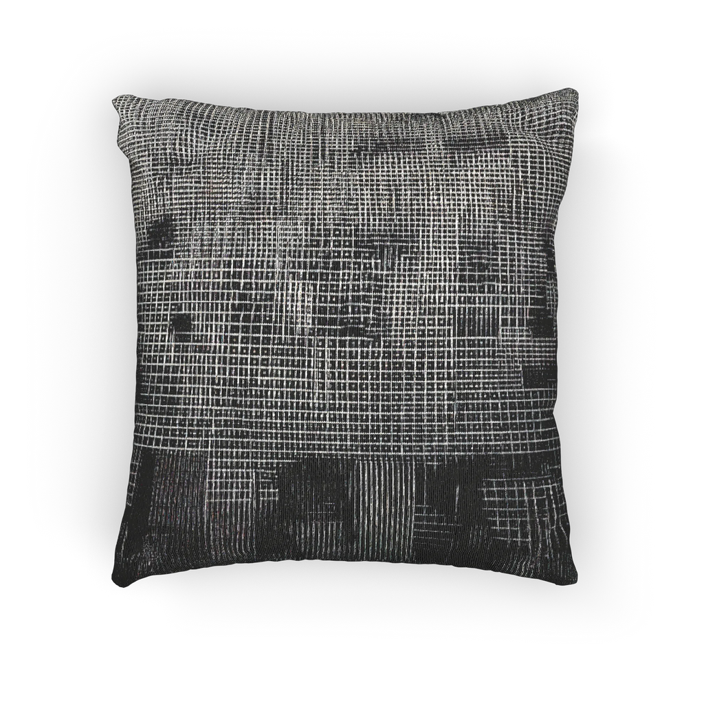 A front view of the Faded Geometric Net Patterned Woven Pillow showing a black background and abstract black and white hash grid lines.