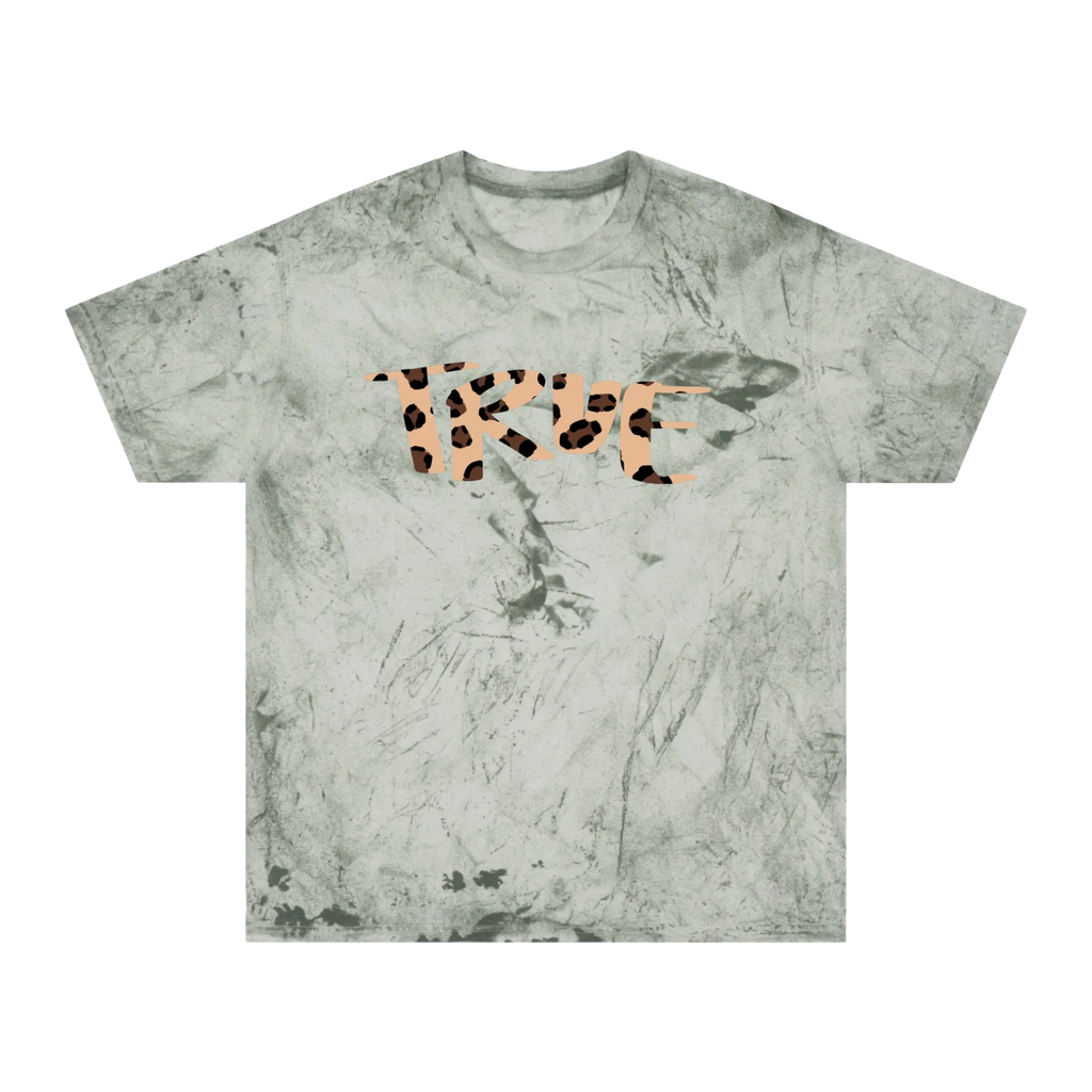 A fern garment-dyed marble wash t-shirt with an oversized cheetah print 'True' graphic across the chest in peach and brown.