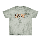 A fern garment-dyed marble wash t-shirt with an oversized cheetah print 'True' graphic across the chest in peach and brown.