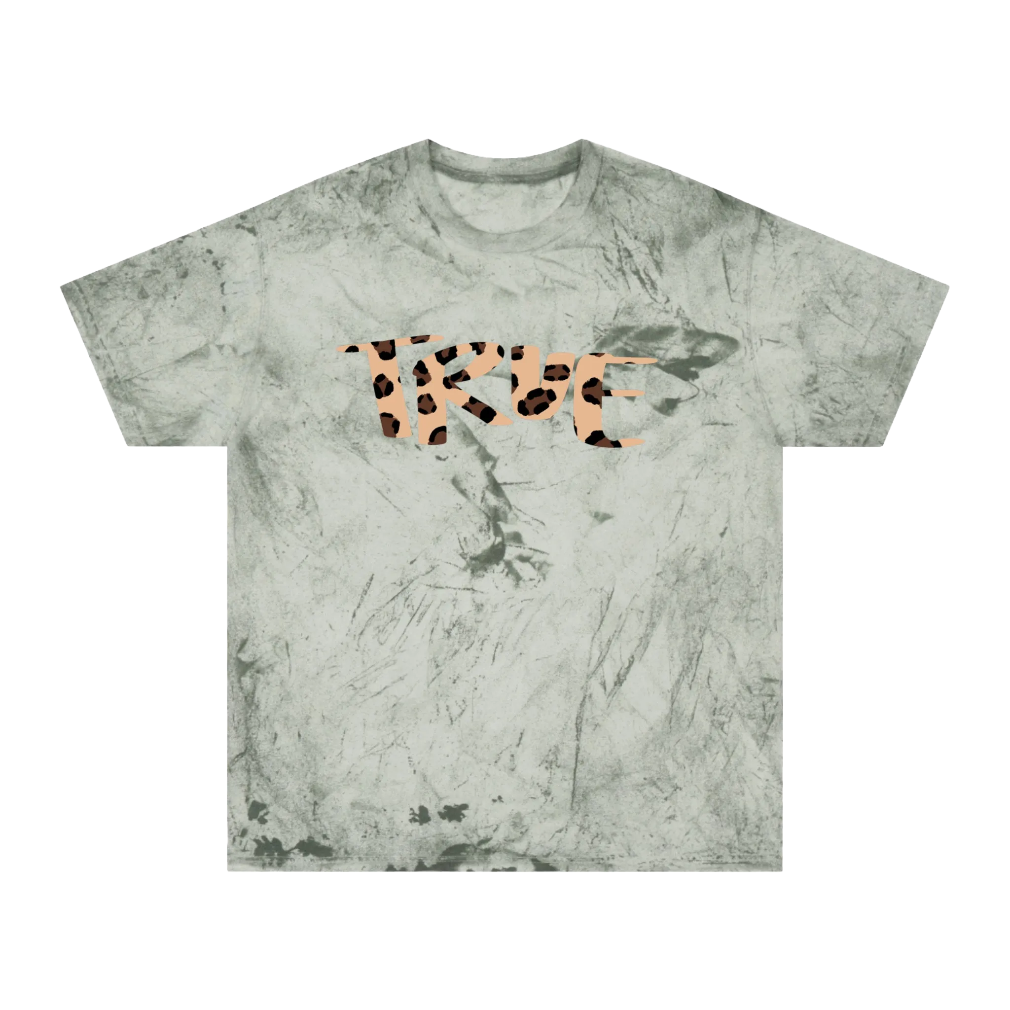 A fern garment-dyed marble wash t-shirt with an oversized cheetah print 'True' graphic across the chest in peach and brown.