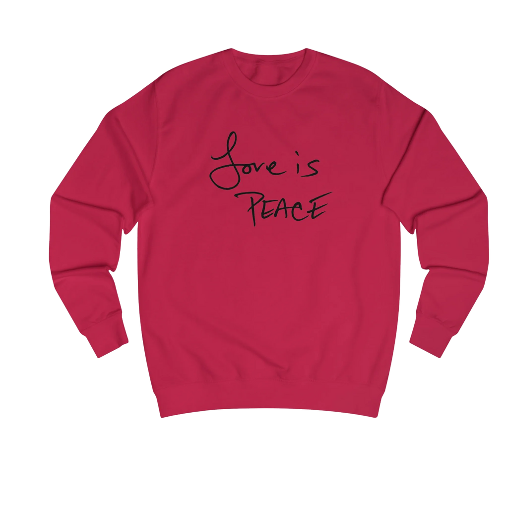 Fire Red Love is Peace crewneck sweatshirt, handwritten Love is Peace graphic, crew neck, front view.