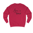 Fire Red Love is Peace crewneck sweatshirt, handwritten Love is Peace graphic, crew neck, front view.