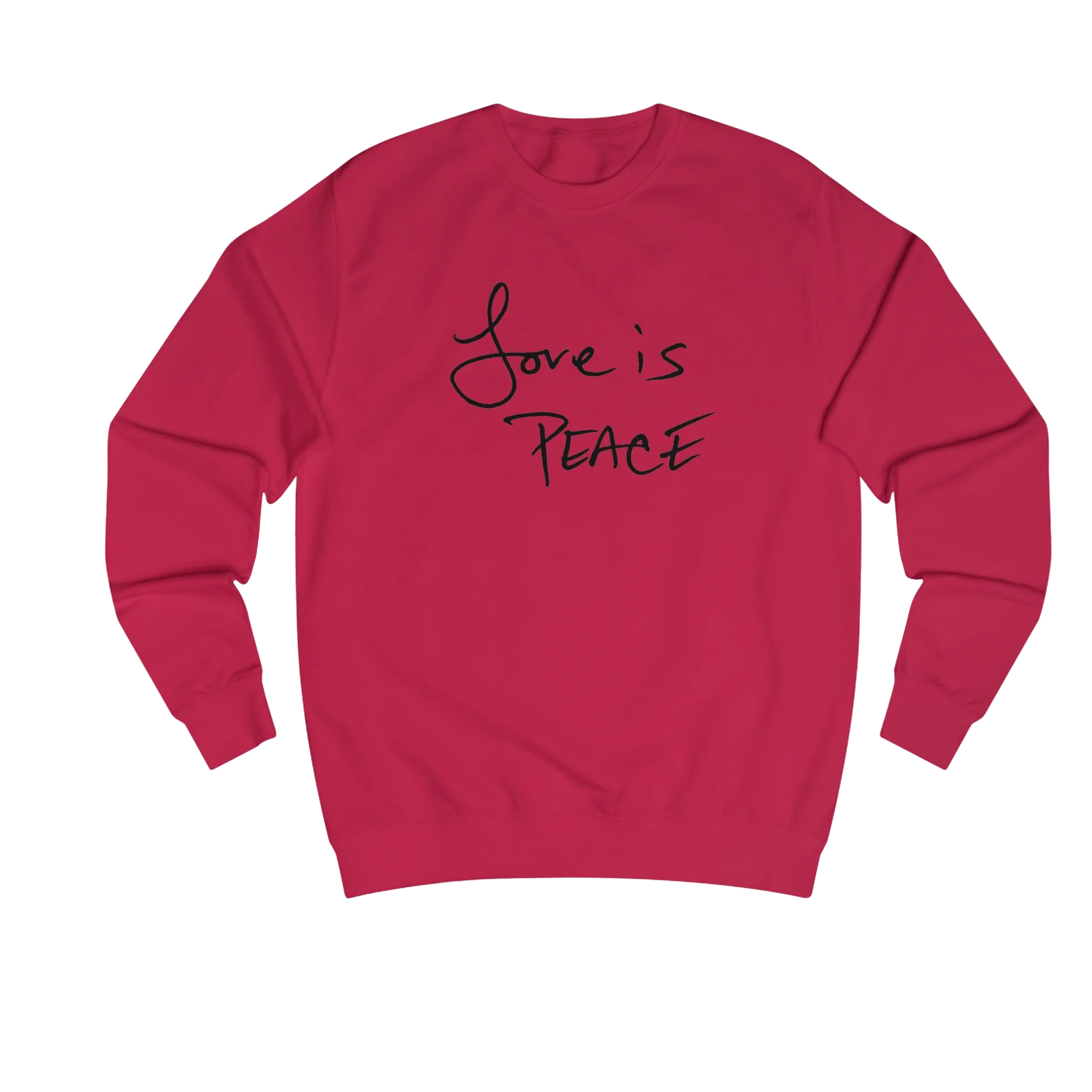 Fire Red Love is Peace crewneck sweatshirt, black print, front view.