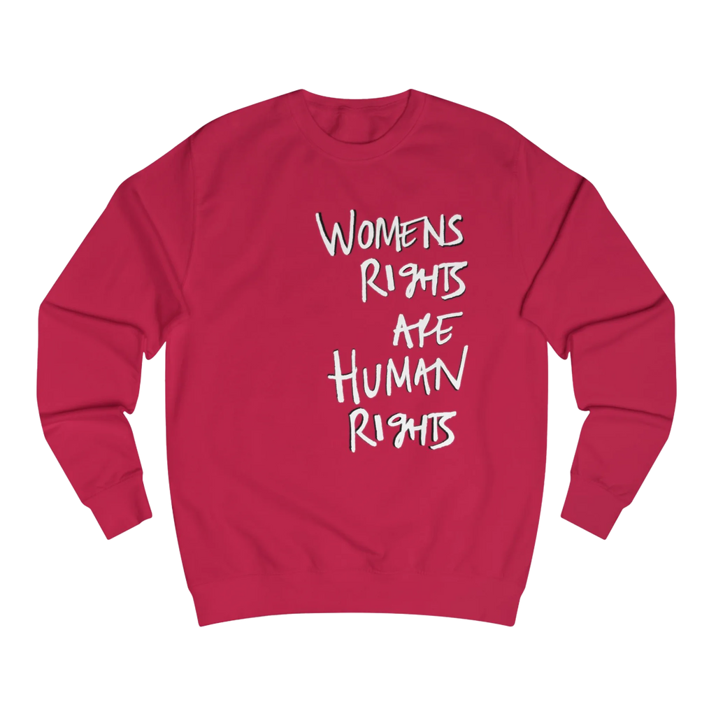 Fire Red Women's Rights sweatshirt, Womens Rights Are Human Rights graphic handwritten in white text, crew neck, front view.