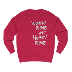 Fire Red Women's Rights sweatshirt, Womens Rights Are Human Rights graphic handwritten in white text, crew neck, front view.
