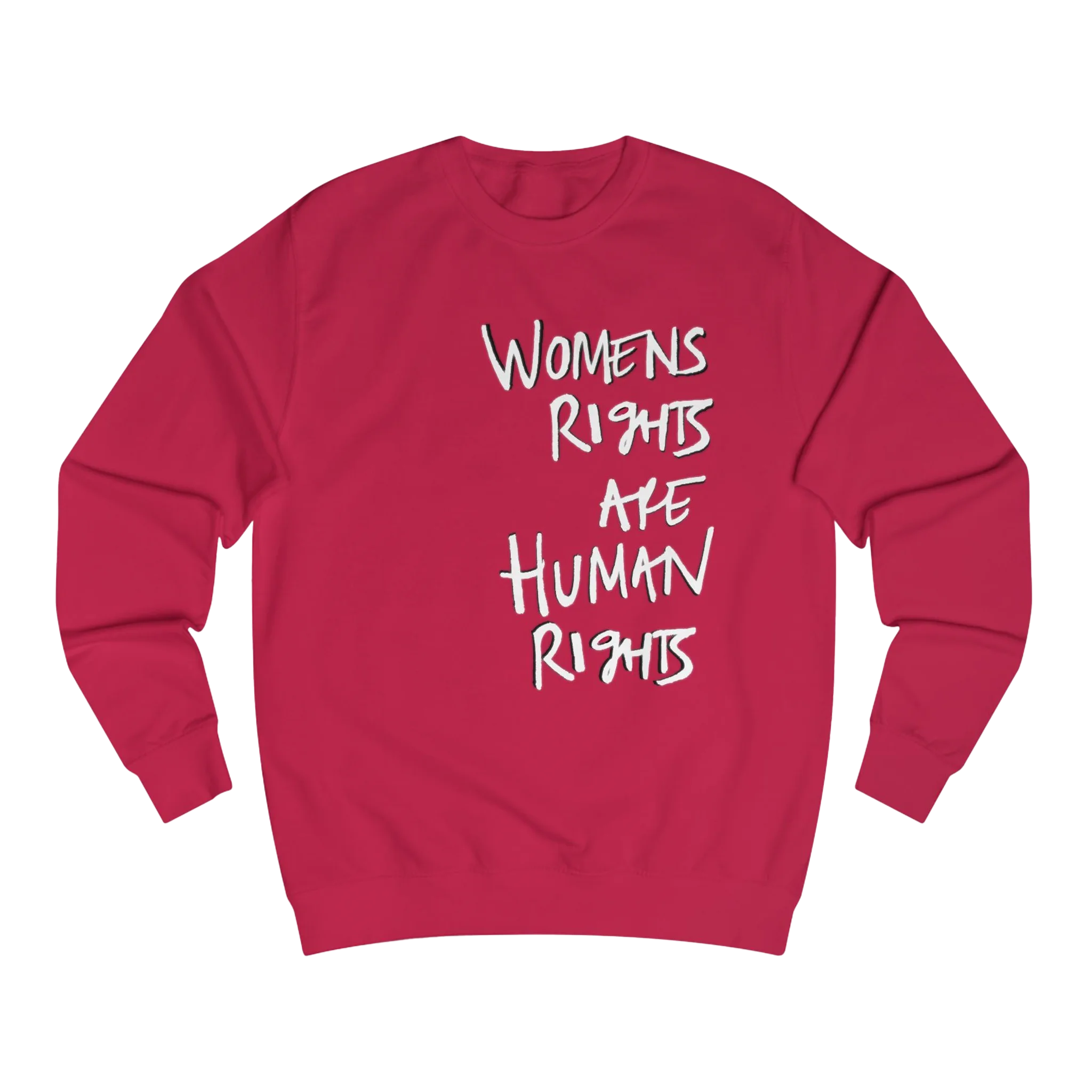 Fire Red Women's Rights sweatshirt, Womens Rights Are Human Rights graphic handwritten in white text, crew neck, front view.