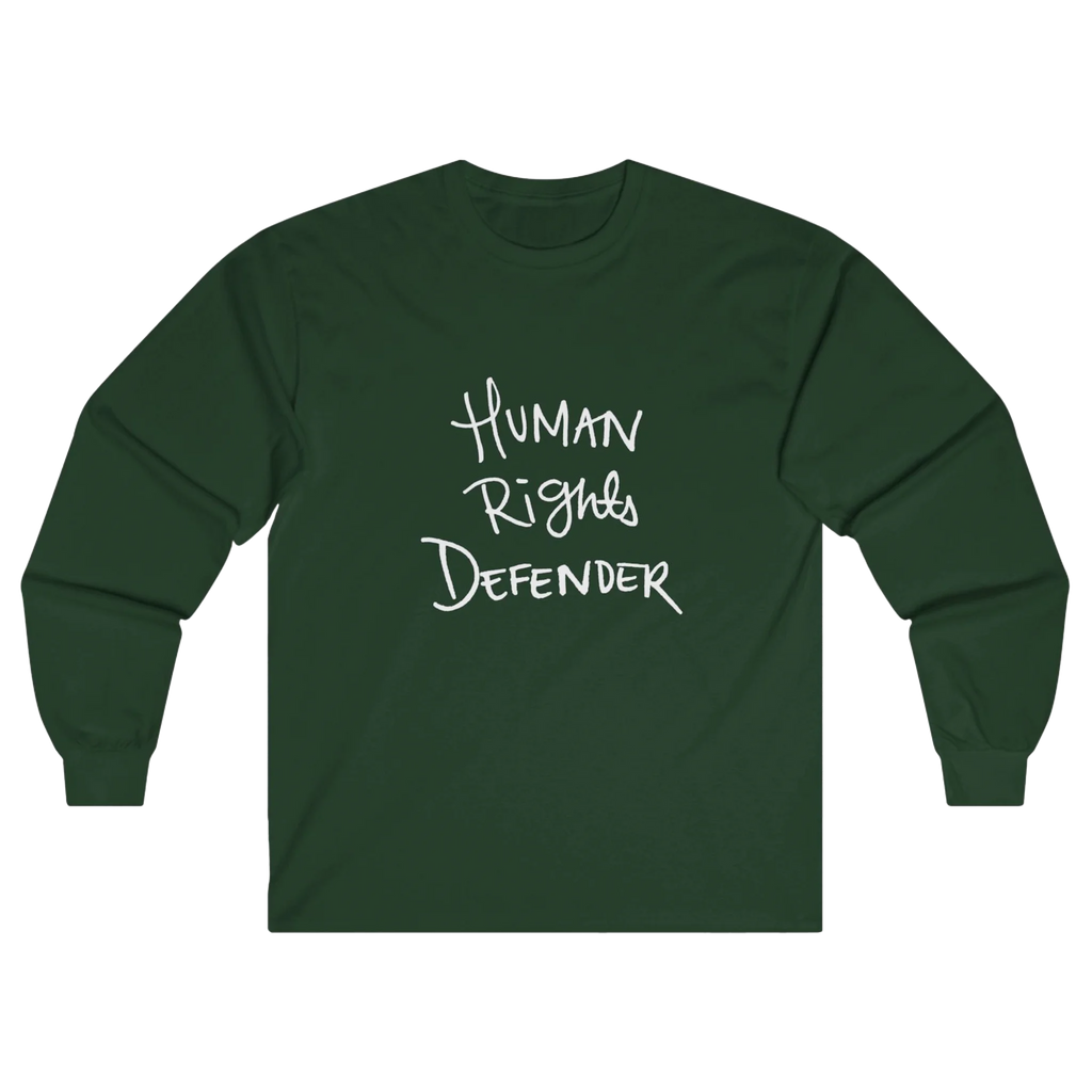 Forest Green Human Rights Defender long sleeve tee, front view.