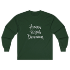 Forest Green Human Rights Defender long sleeve tee, front view.