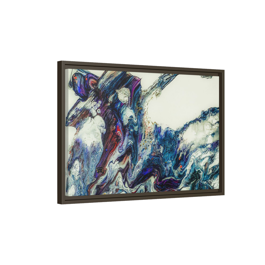 24″ x 16″ "Afrostar" Freebrd Espresso frame with abstract art on 1.25" inch thick canvas showing swirling colors on a white background