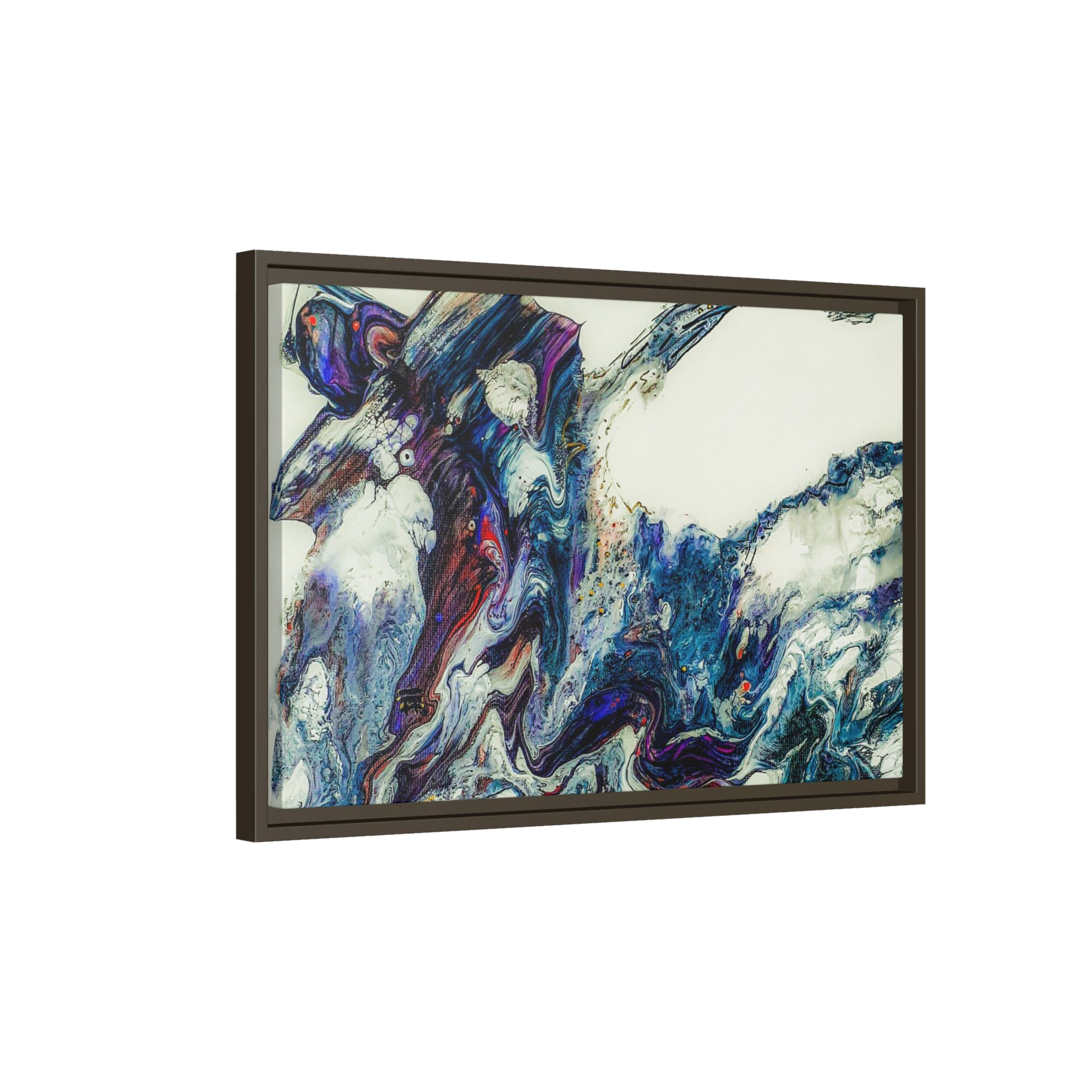 24″ x 16″ "Afrostar" Freebrd Espresso frame with abstract art on 1.25" inch thick canvas showing swirling colors on a white background