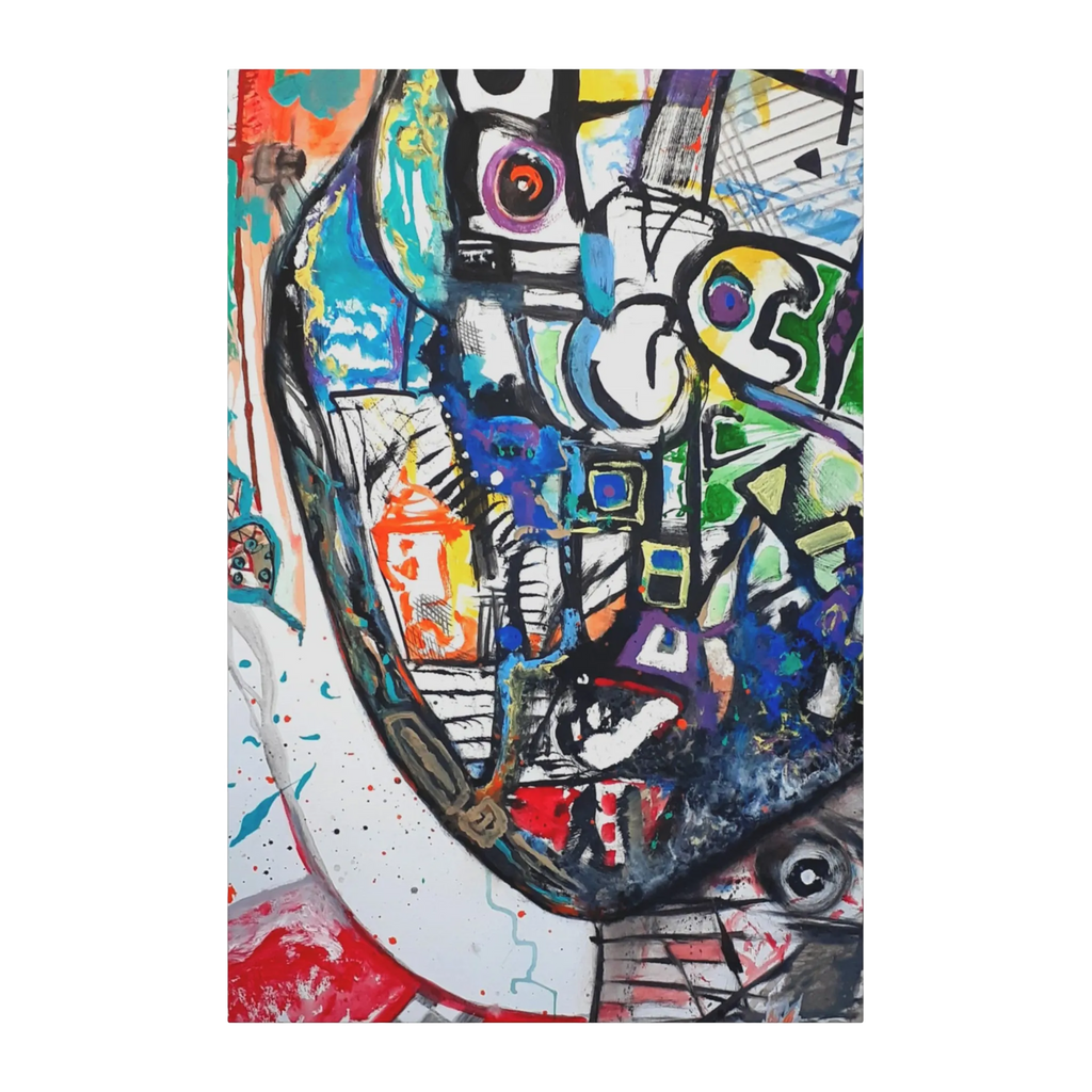 A front view of the contemporary Freebrd "Frankly" surrealistic geometric facial abstractions wall art, on a 1.5 inch thick canvas, showcasing blues, reds, purples, grey hues, beige, yellows and orange tones.