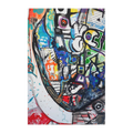 A front view of the contemporary Freebrd "Frankly" surrealistic geometric facial abstractions wall art, on a 1.5 inch thick canvas, showcasing blues, reds, purples, grey hues, beige, yellows and orange tones.