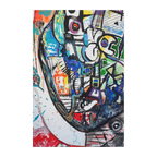 A front view of the contemporary Freebrd "Frankly" surrealistic geometric facial abstractions wall art, on a 1.5 inch thick canvas, showcasing blues, reds, purples, grey hues, beige, yellows and orange tones.