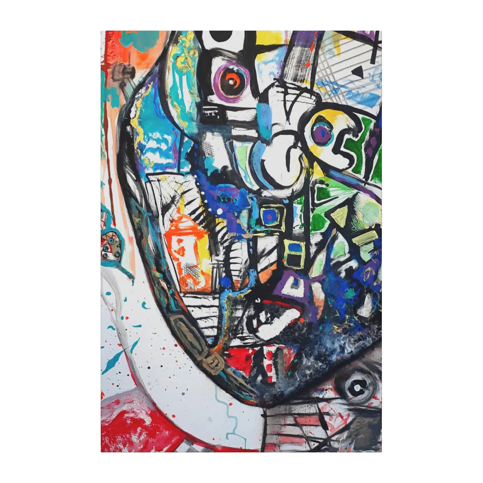 A front view of the contemporary Freebrd "Frankly" surrealistic geometric facial abstractions wall art, on a 1.5 inch thick canvas, showcasing blues, reds, purples, grey hues, beige, yellows and orange tones. 