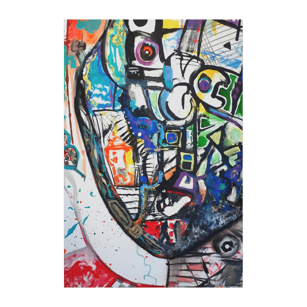 A front view of the contemporary Freebrd "Frankly" surrealistic geometric facial abstractions wall art, on a 1.5 inch thick canvas, showcasing blues, reds, purples, grey hues, beige, yellows and orange tones.